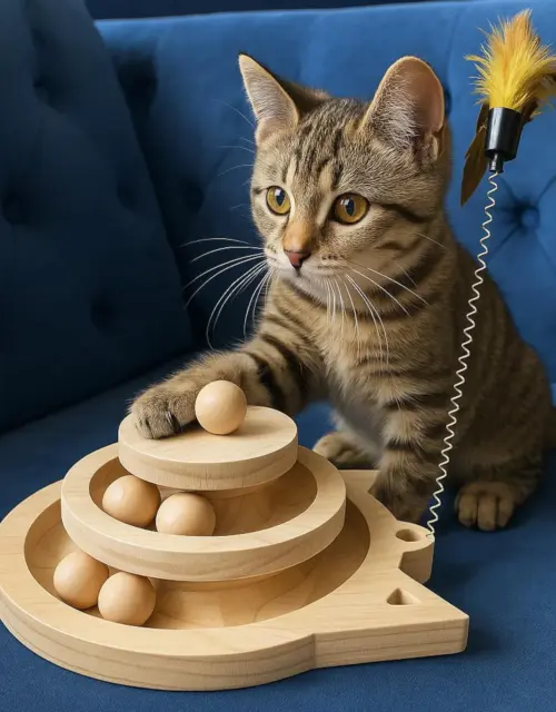 Wooden Cat Toy Tower | Interactive Solid Wood Cat Track Toy